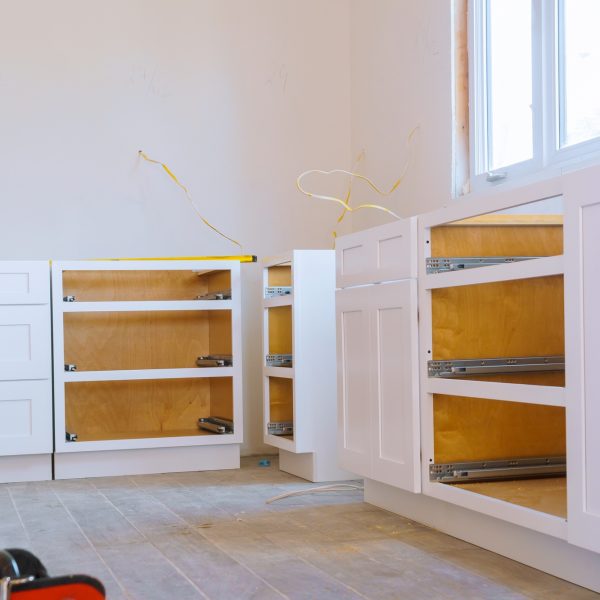 Blind cabinet island drawers and counter cabinets installed of white color